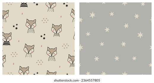 Set of seamless pattern with cute fox and stars. Kids collection. Design for print, fabric, textile, wallpaper, wrapping. Vector illustration