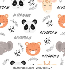 Set in seamless pattern of cute jungle animals, tiger, giraffe, elephant, panda. Baby flat vector illustration on white background