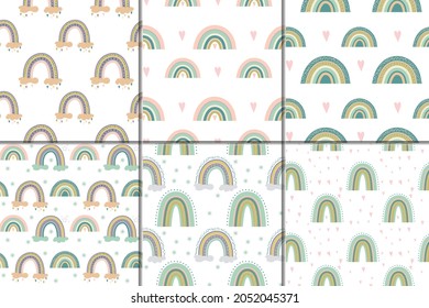 Set Seamless pattern with cute Scandinavian rainbow 
