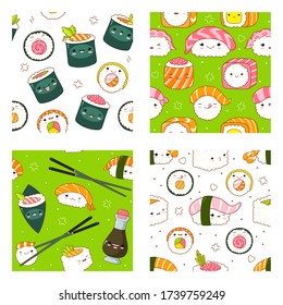 Set of seamless pattern with cute sushi and roll in kawaii style with smiling face. Japanese traditional cuisine dishes. Endless texture can be used for pattern fills, web page background. Vector EPS8