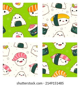 Set of seamless pattern with cute sushi and roll in kawaii style with smiling face. Japanese traditional cuisine dishes. Endless texture can be used for pattern fills, web page background. Vector EPS8