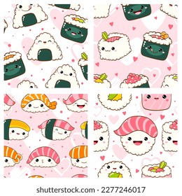 Set of seamless pattern with cute sushi and roll in kawaii style with smiling face. Japanese traditional cuisine dishes. Endless texture can be used for pattern fills, web page background. Vector EPS8