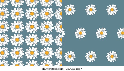 Set Seamless pattern with daisies. Vector backgrounds with white daisies evenly distributed on a blue field. Summer print for printing on fabric, paper, denim, surfaces.