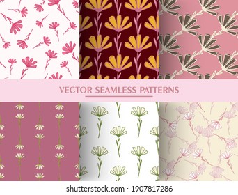 Set of seamless pattern with daisy ornament. Simple flower background collection. Botanic print. Vector print for textile, fabric, giftwrap, wallpapers. Endless illustration.