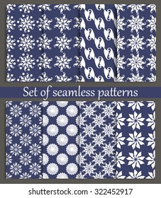 Set of seamless pattern for decoration made of various symmetrical elements. Print for wallpaper, textiles and ceramics. Vector illustration.