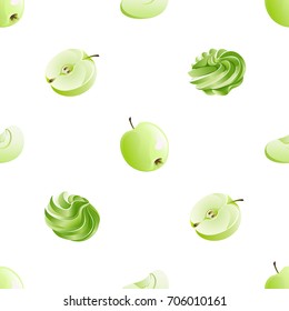 Set of seamless pattern with delicious appetizing green apple and swirl meringue (zephyr, marshmallow) isolated on white background