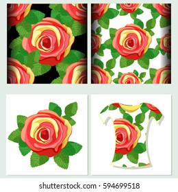 Set of seamless pattern and design t-shirt Flower rose with leaves.  vector illustration