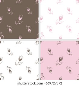 Set of seamless pattern of different color hand-drawn outline beautiful delicate rose in green and brown color