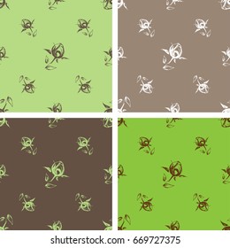 Set of seamless pattern of different color hand-drawn outline beautiful delicate rose in green and brown color