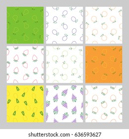 Set of seamless pattern with different kind of outline drawing colorful fruits and berries   