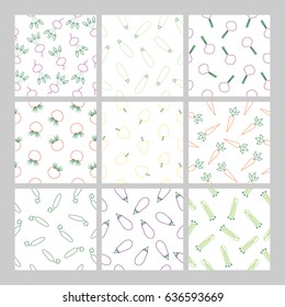 Set of seamless pattern with different kind of outline drawing vegetables on a white background