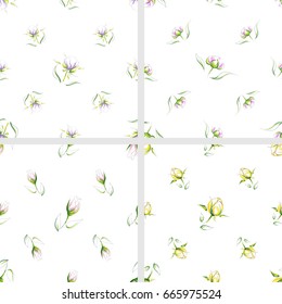 Set of seamless pattern of different types hand-drawn beautiful delicate flowers on a white background