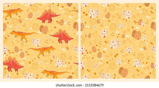 Set of seamless pattern with dinosaurs, eggs and with various elements on an orange background. Suitable for wallpaper in the children's room, on clothes for boys, gift wrapping and much more