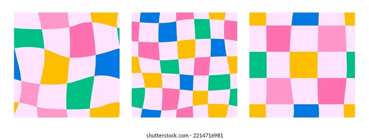 Set of seamless pattern with distorted checkerboard. Kid core aesthetic. Vector colorful backgrounds with abstract colorful cage