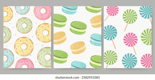 Set of seamless pattern of donuts, lollipops and macaroons . Watercolor painting. Vector elements design.