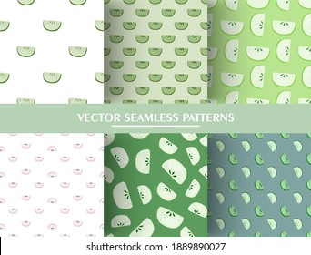 Set of seamless pattern with doodle apple slices ornament. Green apple slice pattern collection. Graphic design for wrapping paper and fabric textures, textile. Vector Illustration.
