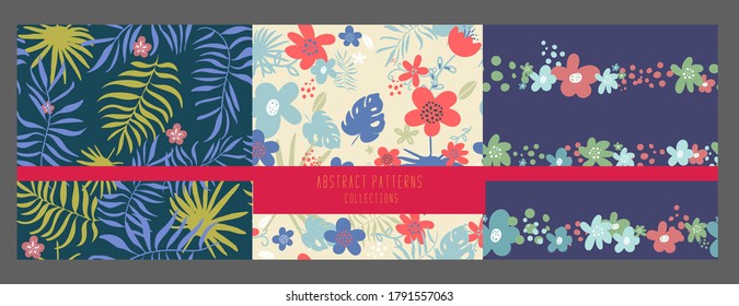 set of seamless pattern with doodle Exotic tropical jungle rainforest frame. green palm leaves tree with parrot monstera leaves flowers. Isolated element. Vector design illustration. hand drawing