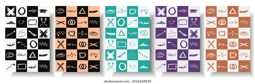 Set Seamless pattern with Doodle Hand Drawn elements on trendy Geometric checkboard background. Doodle brush collection. Arrow, geometry shape and underline. Vector illustration. EPS 10