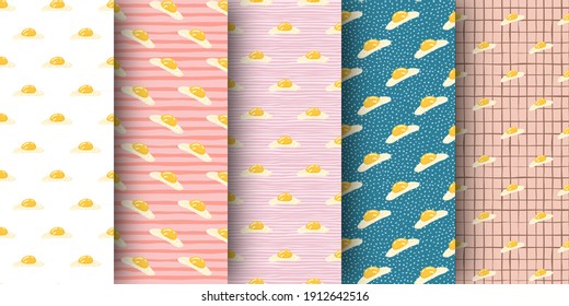 Conjunto de patrones sin fisuras con elementos de tortilla doodle. Colección de fondo de arte para comidas simples de huevos. Excelente para papel de pared, textil, papel envolvente, impresión de tela. Ilustración vectorial.