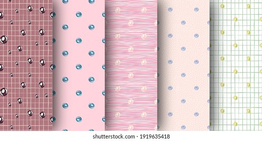 Set of seamless pattern with doodle pearl silhouettes. Undersea circle forms background collection. Decorative backdrop for wallpaper, textile, wrapping paper, fabric print. Vector illustration.