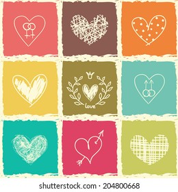Set and seamless pattern of drawing doodle hearts. Vector cartoon illustration for design card, fabric, web icons and paper