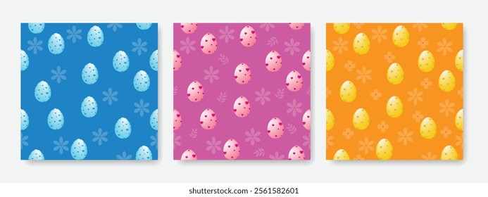 Set of seamless pattern for easter. Easter eggs and flowers in blue, pink, yellow for wrapping paper, textile, wallpaper.