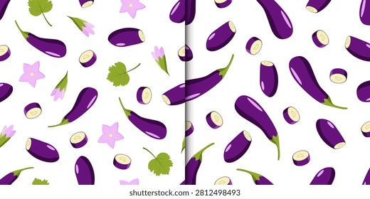 Set of seamless pattern Eggplant whole and cut, eggplant flowers and leaf. Vector illustration of vegetables, bright background harvest.