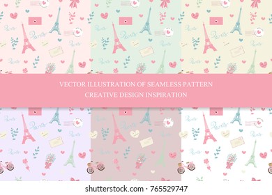 Set of seamless pattern with Eiffel tower and all symbol of Paris, France. Soft sweet pastel color background. Hand drawn vector illustration. 