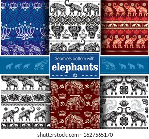 Set of seamless pattern with elephants