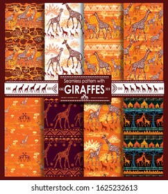 Satz nahtloses Muster mit stilisierten Giraffen aus ethnischen Stämmen