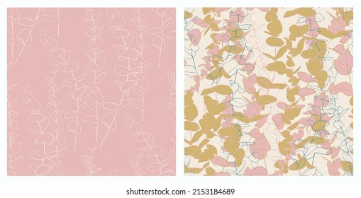 Set of seamless pattern with eucalyptus leaves. For flyer, poster, cover, textile fabric print. Vector illustration