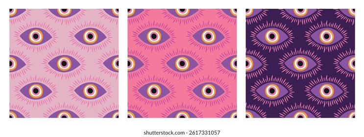 Set of seamless pattern with evil eyes. Esoteric mystical background. Hand drawn icons. Modern amulet design for prints. Pink and purple tones. Boho art.