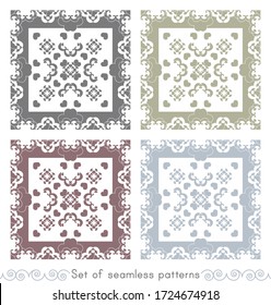 Set of seamless pattern. Fancy frame with hearts. Grey, light blue, light green and burgundy color . Vector