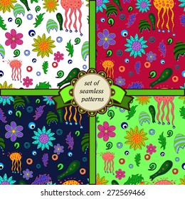 set of seamless pattern with fantastic flowers and leaves