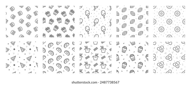 Set seamless pattern fast food icon vector.  Hamburger, fries potatoes, ice cream, hot dog, donut, pizza, taco, popcorn, ramen noodle soup, popcorn, egg 