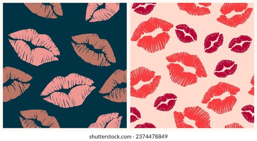 Conjunto de patrones sin fisuras con la impresión de labios hembra. 