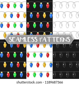 set of seamless pattern with festive garland on white background. Colorful light bulbs. infinite texture. Drawing hands. Vector illustration.