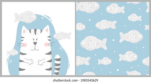 set of seamless pattern with fish clouds and a cat for nursery room decor, wall art, wallpaper, textile, kids apparel, veterinary and pet shops. EPS 10