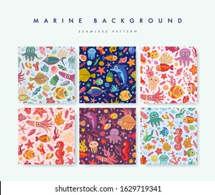 Set of seamless pattern with fishes, octopus, seashells, corals and starfishes. Marine background. Perfect for greetings, invitations, wrapping paper, textile and web design