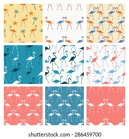 Set of seamless pattern flamingos, palm trees and starfish