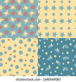Set of seamless pattern flat cars, trains, stars, bears.