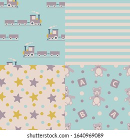 Set of seamless pattern flat cars, trains, stars, bears.