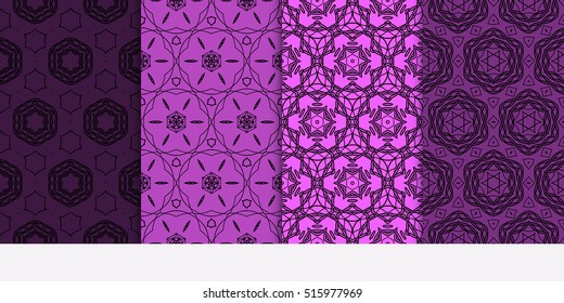 set of seamless pattern. floral geometric lace texture for design invitation, wallpaper, fabric. purple color. Decorative background, tribal ethnic ornament