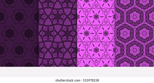 set of seamless pattern. floral geometric lace texture for design invitation, wallpaper, fabric. purple color. Decorative background, tribal ethnic ornament