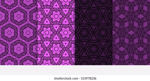 set of seamless pattern. floral geometric lace texture for design invitation, wallpaper, fabric. purple color. Decorative background, tribal ethnic ornament