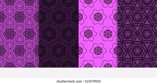 set of seamless pattern. floral geometric lace texture for design invitation, wallpaper, fabric. purple color. Decorative background, tribal ethnic ornament