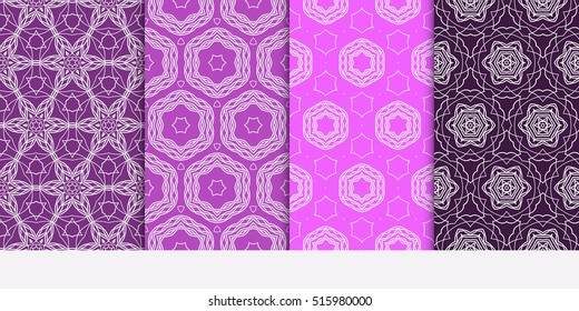 set of seamless pattern. floral geometric lace texture for design invitation, wallpaper, fabric. purple color. Decorative background, tribal ethnic ornament