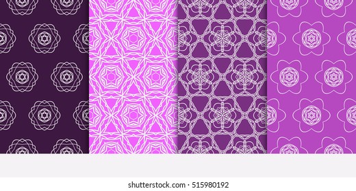 set of seamless pattern. floral geometric lace texture for design invitation, wallpaper, fabric. purple color. Decorative background, tribal ethnic ornament