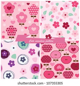 Set seamless pattern flowers and apples