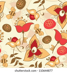 Set seamless pattern flowers and bee